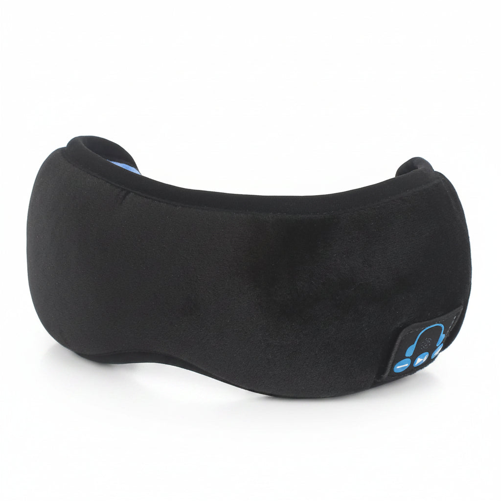 Black sleep mask with headphone icon on a light gray background