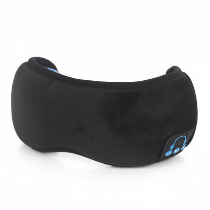Black sleep mask with headphone icon on a light gray background